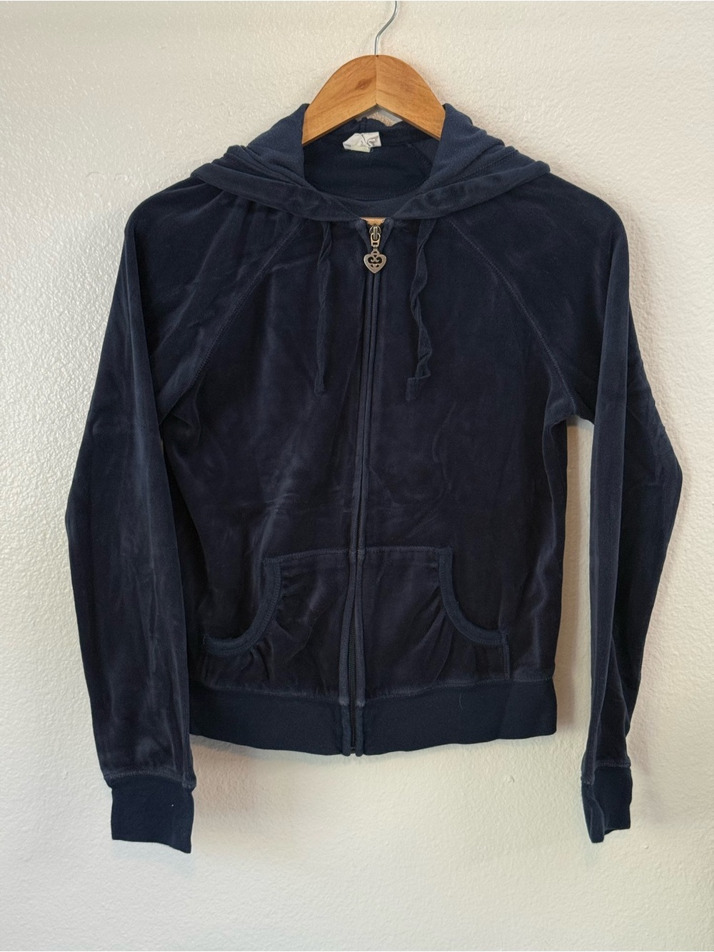 VTG Y2K Old Navy Intimates Zip Velour Hoodie with Heart Charm Dark Blue Sz M